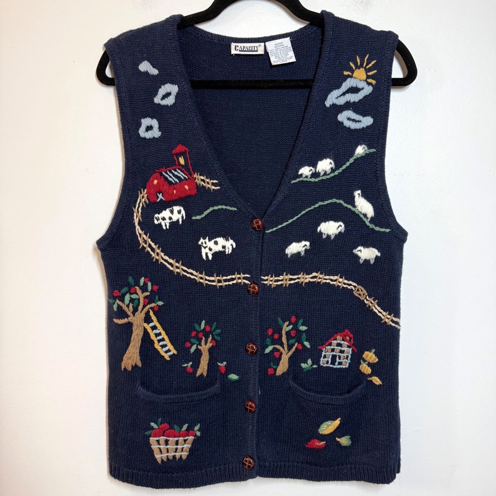 Vintage Farmcore Cottagecore Embroidered Barnyard Sweater Vest Navy Medium